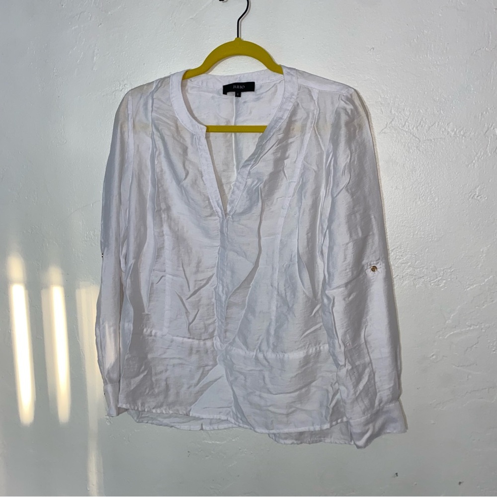Gorgeous JULIO Women’s Blouse Crisp White Longsleeve Dressy Roll Tab Sleeves 6